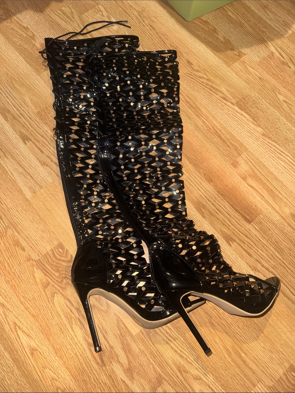Black Patent Over-the-Knee Lace-Up Stiletto Boots - Picture 5 of 5